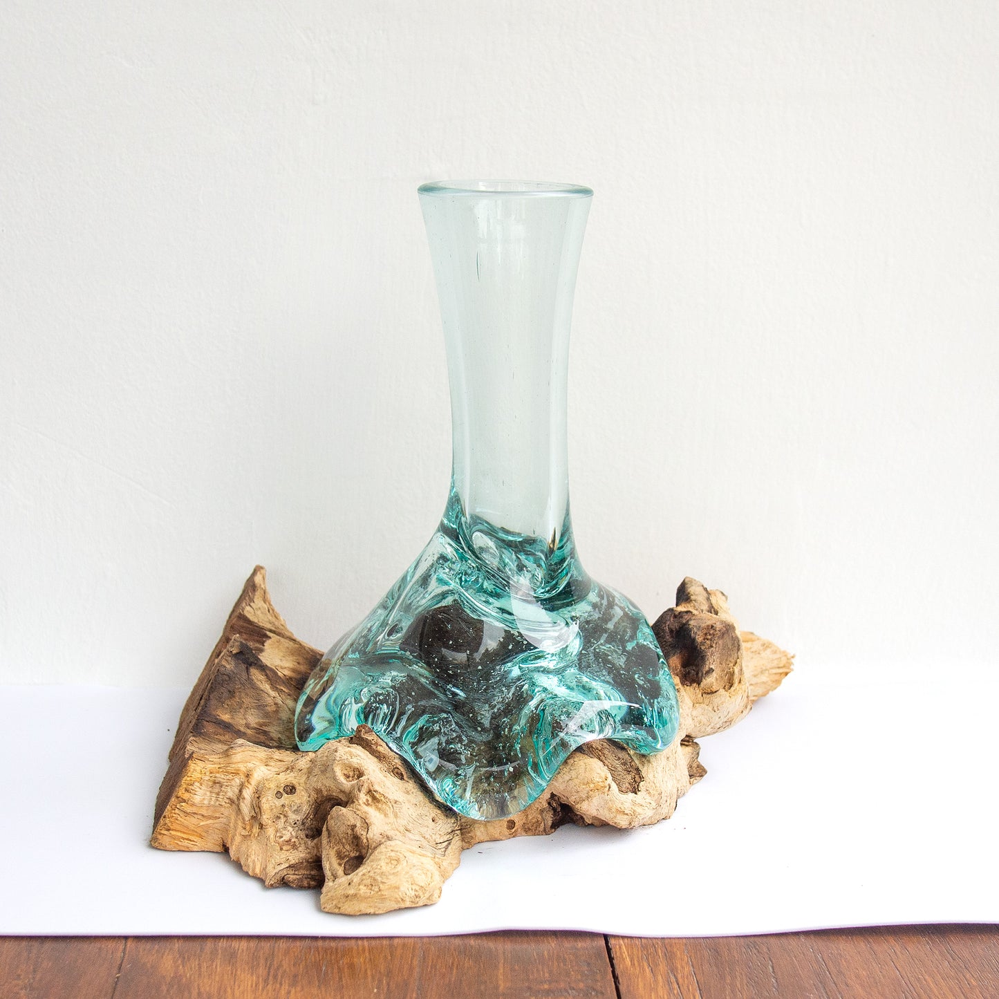 Hight  20 cm Molten Glass High Vase on Teak Driftwood