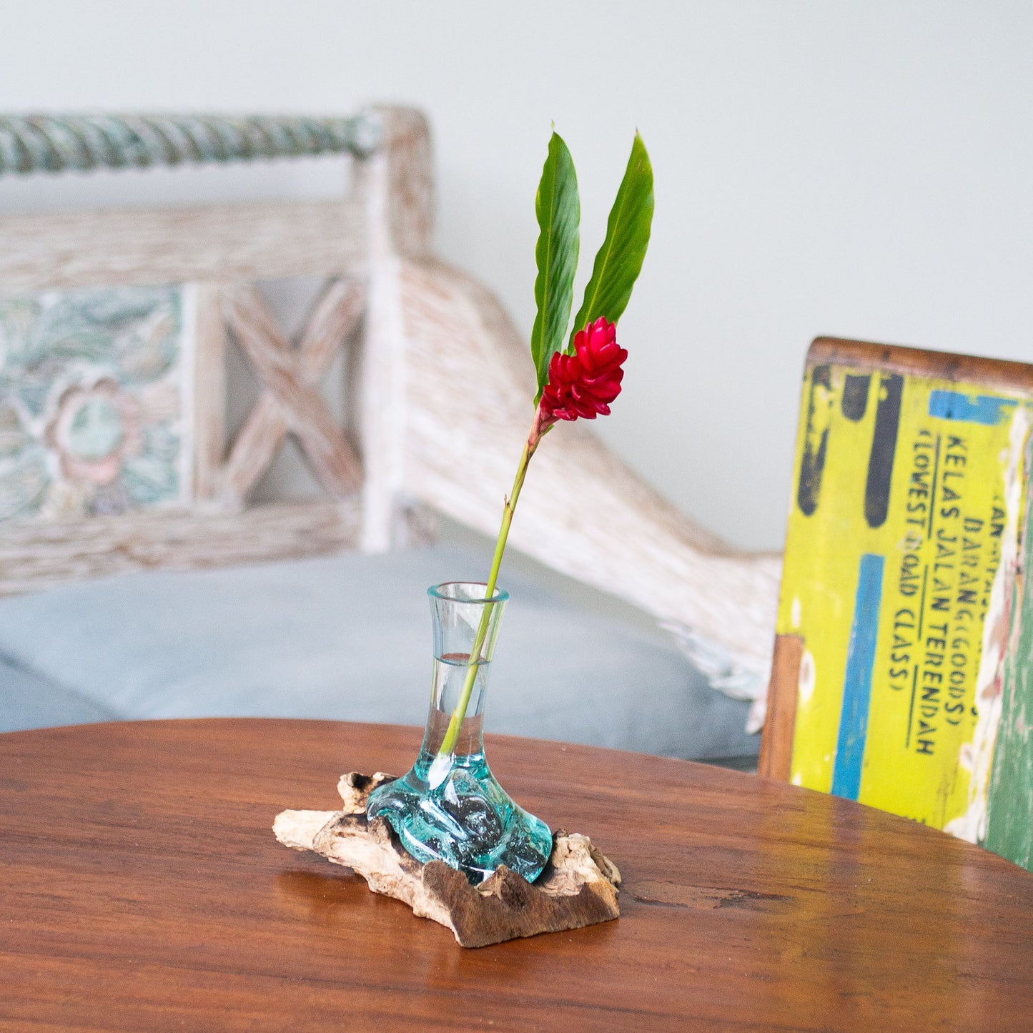 Hight  20 cm Molten Glass High Vase on Teak Driftwood