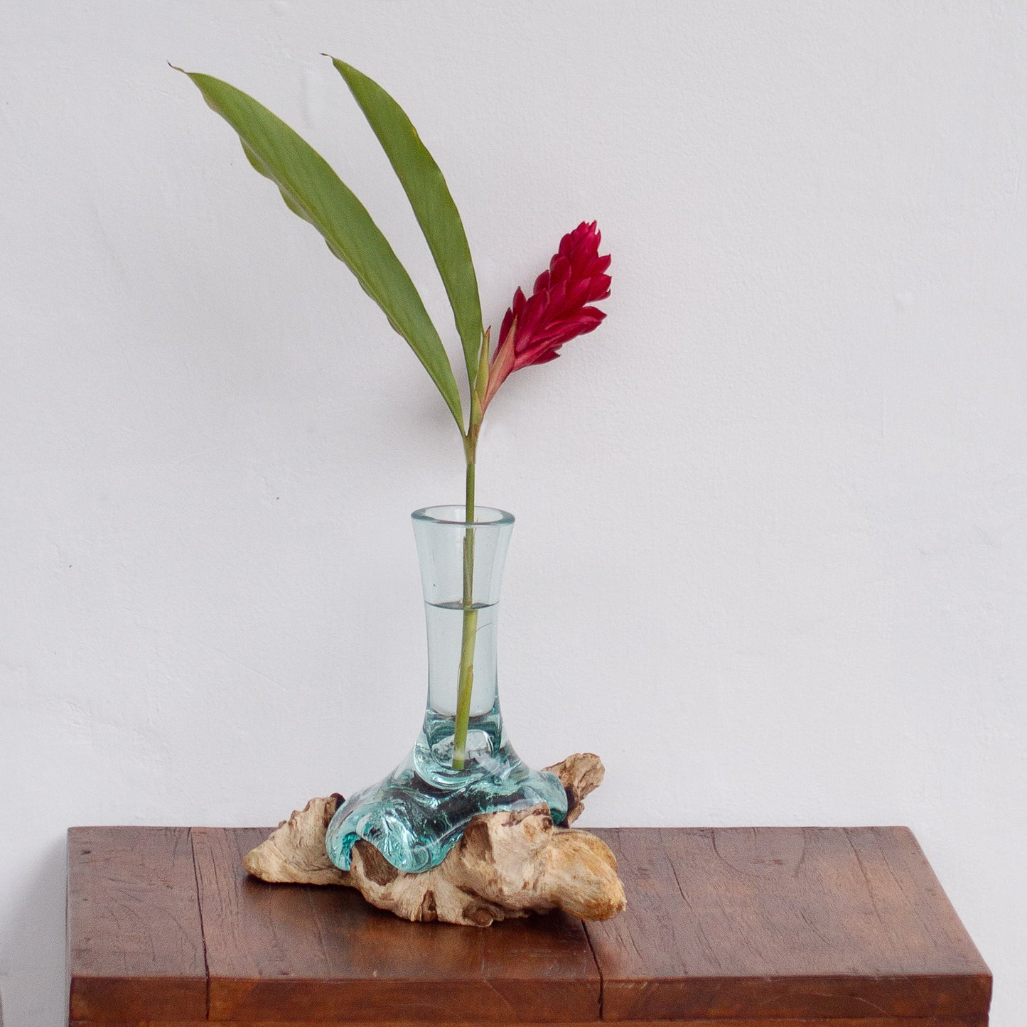 Hight  20 cm Molten Glass High Vase on Teak Driftwood